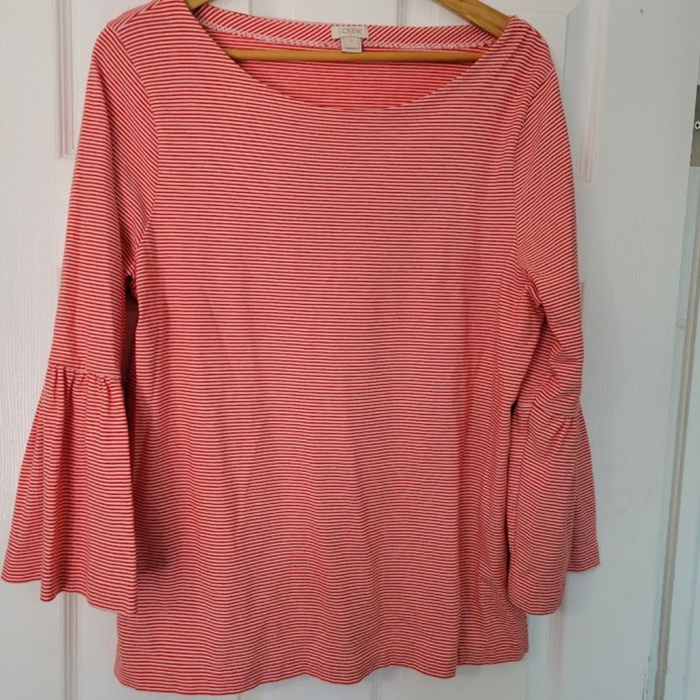 J. Crew red striped cotton top with flared sleeves NWOT